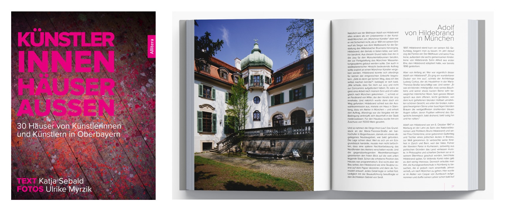 Buchcover und Innenansicht von "Künstler innen. Häuser außen"