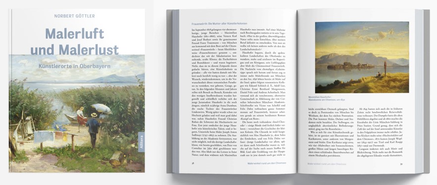 Buchcover und Innenansicht "Malerluft und Malerlust. Künstlerorte in Oberbayern"